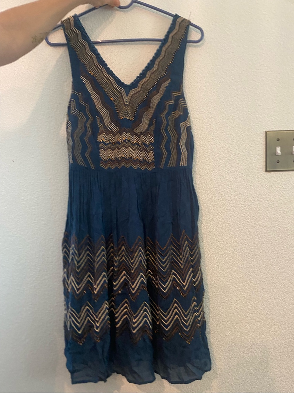 Meadow Rue Teal Blue V-Neck Embroidered Sleeveless Dress